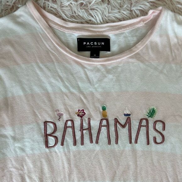 Pacsun  Striped Tee Bahamas Shirt Trendy Modern 90s Style Crew tee Pink White M - Picture 2 of 6